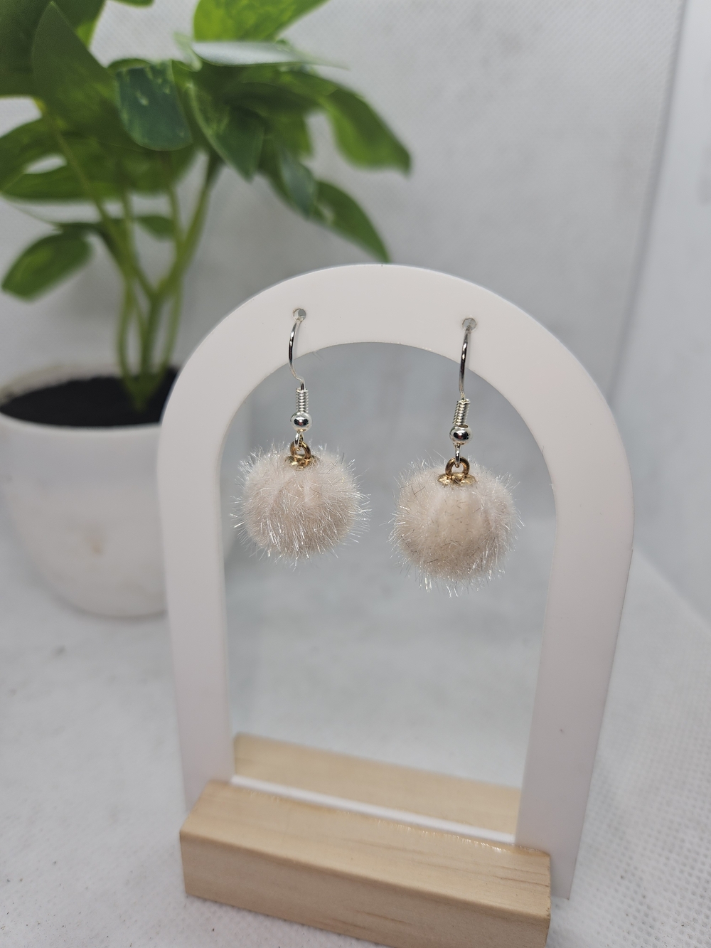 Soft Cream Pom Drop Earrings with Gold Accents